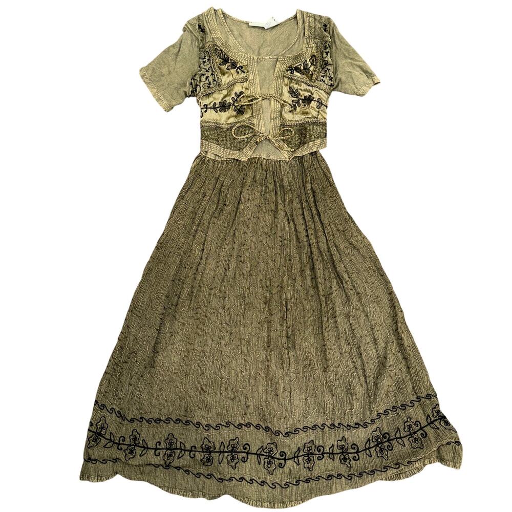 Vintage 100% Rayon Olive Embroidered Boho Lagenlook Prairie Maxi Dress S/M - Picture 3 of 10